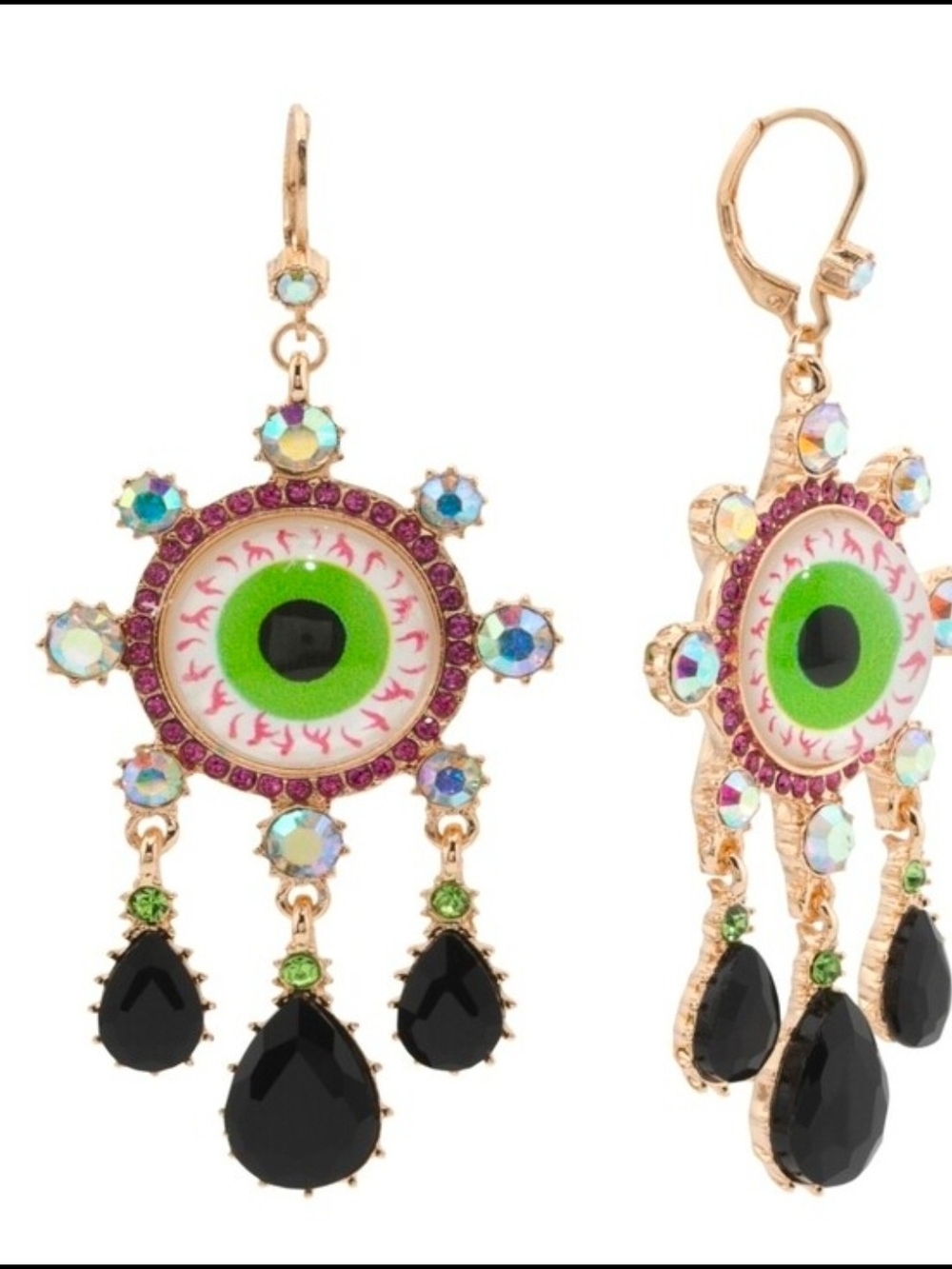 👉✨️ Betsey Johnson Neon Green Eye Drop Earrings with Black Teardrops